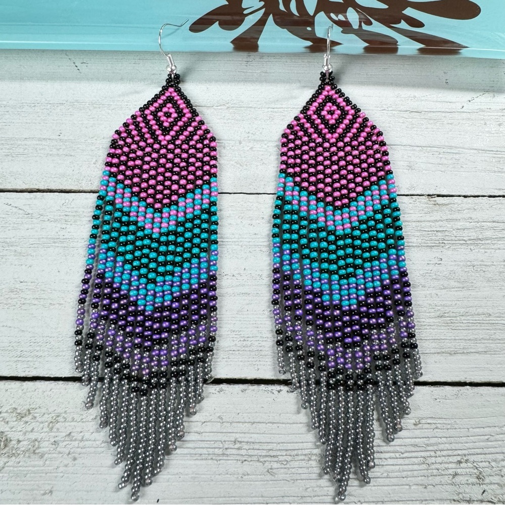 Handmade Boho Seed Bead Beaded Earrings Colorful Bright‎ 5.25 Inches Tribal
